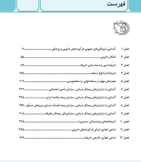 فهرست کتاب راهنمای جامع کار در داروخانه