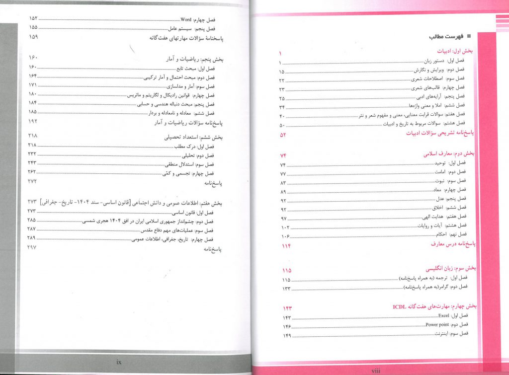 فهرست کتاب درسنامه مجموعه سوالات استخدامی و اطلاعات عمومی اندیشه رفیع