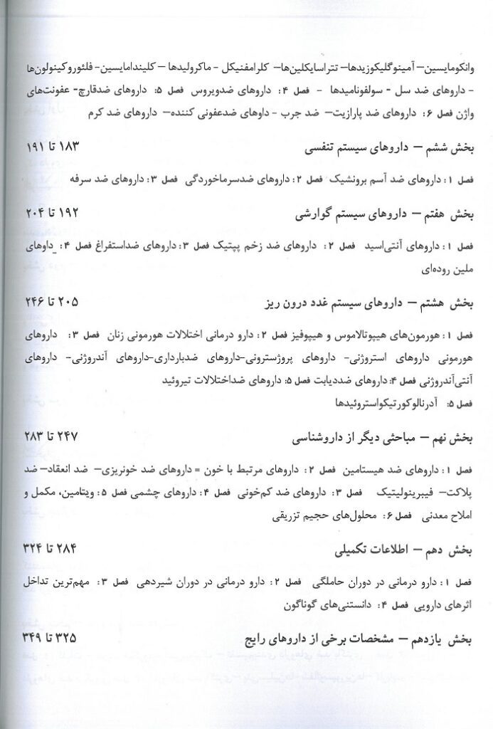 فهرست دوم کتاب داروشناسی کاربردی تالیف دکتر منصور رحمانی | ویرایش ششم ( چاپ 1402 )
